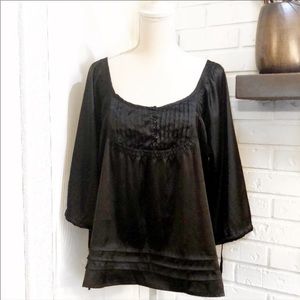 Black Satin Peasant Blouse, Size L/XL